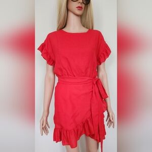 ETOPHE STUDIOS RED ORANGE FAUX WRAP SHOR FRILLS WAIST TIE DRESS LARGE